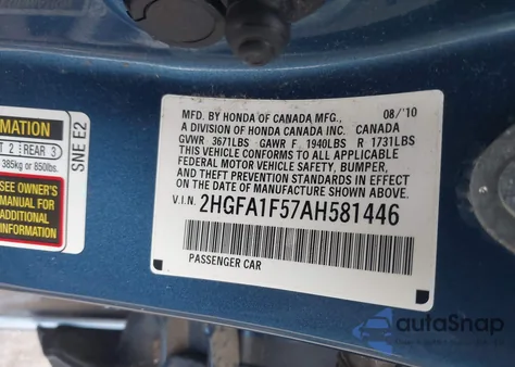 2010 Honda Civic Lx из США, поврежденный, VIN 2HGFA1F57AH581446